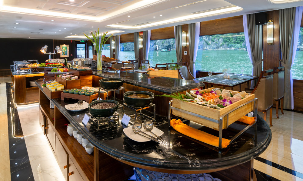 A buffet line in the restaurant of Iris Cruise.