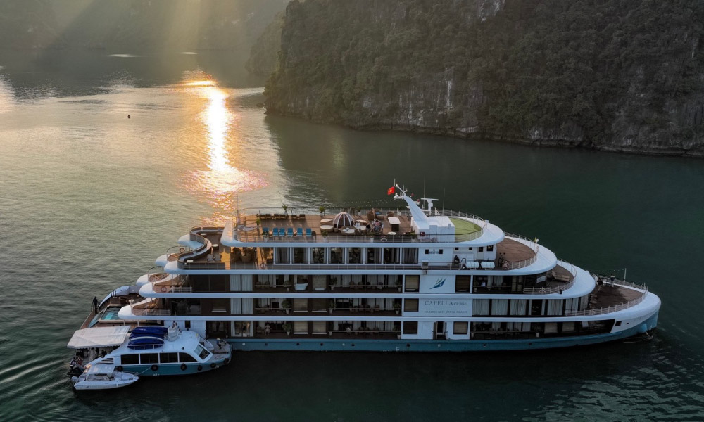 Close up of the Capella cruise ship with four decks.