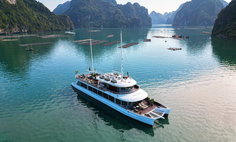 The Cat Ba Catamaran Cruise going in Halong Bay.