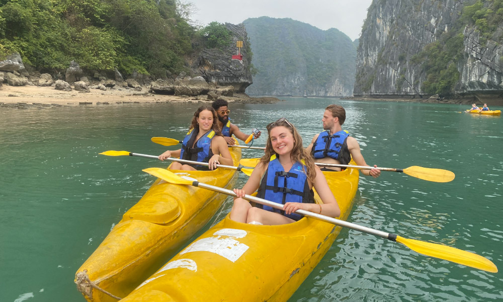 Two yellow kayaks close up sailing past an island.