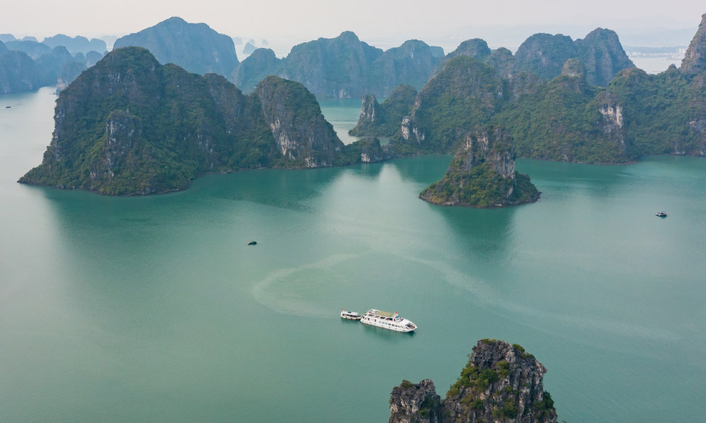 Panorama of Halong Bay nature with Emeraude Sayuri Cruise.