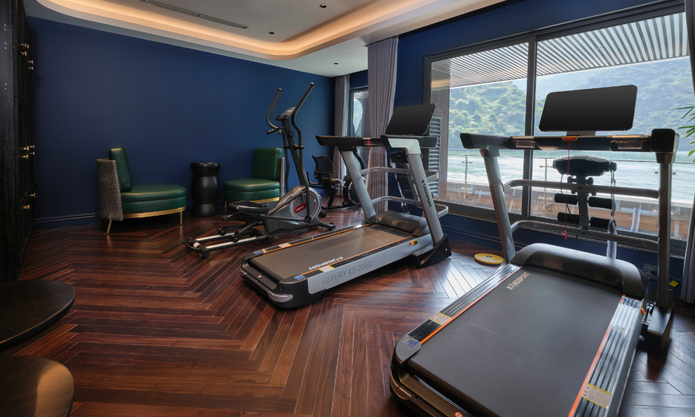 a gym room with some running machines facing the window