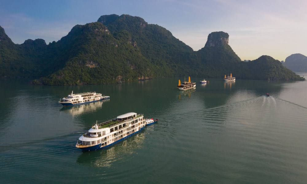 a few cruises sailing past a big halong islands