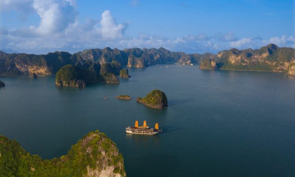 panoramic view of lan ha bay with peony cruise in the middle
