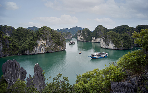 panoramic shot of the la pandora boutique among halong limestone islands