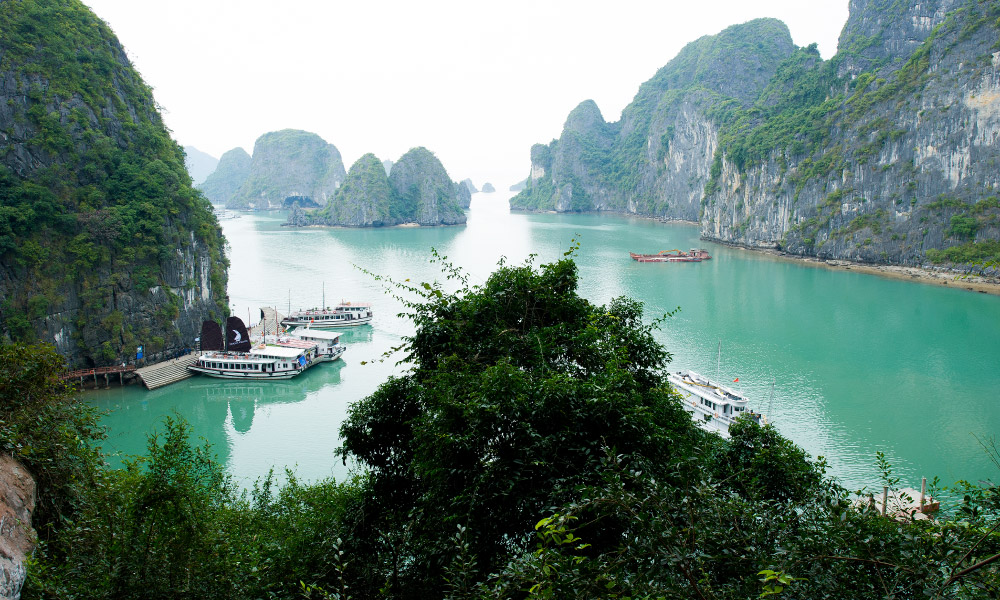 The parking spot in Halong Bay with mountains surroundings.