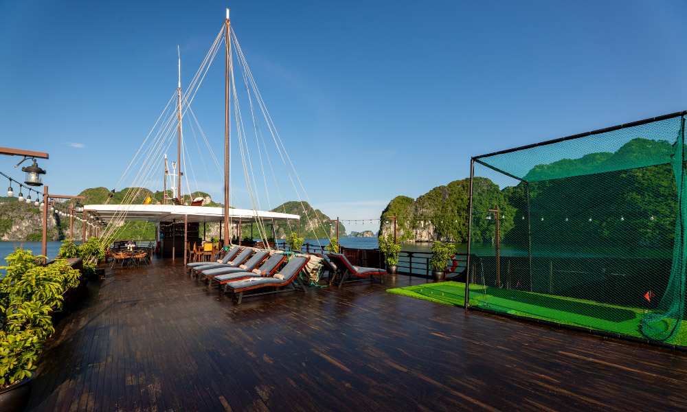 the sundeck on mila lux cruise with view of halong bay islands