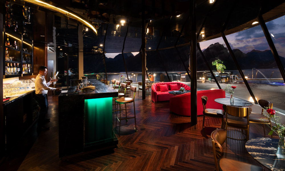 overview of the bar on stellar of the seas cruise with open view of halong bay