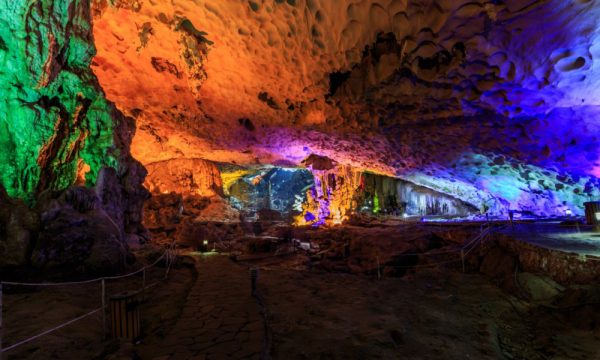 Thien Cung Cave with colorful lights.