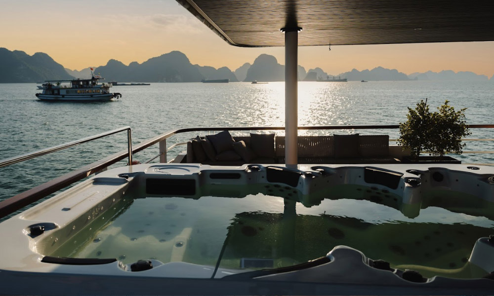 Halong sunset view from the jacuzzi on Iris Cruise.