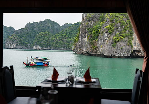 view of halong bay island from the window of restaurant