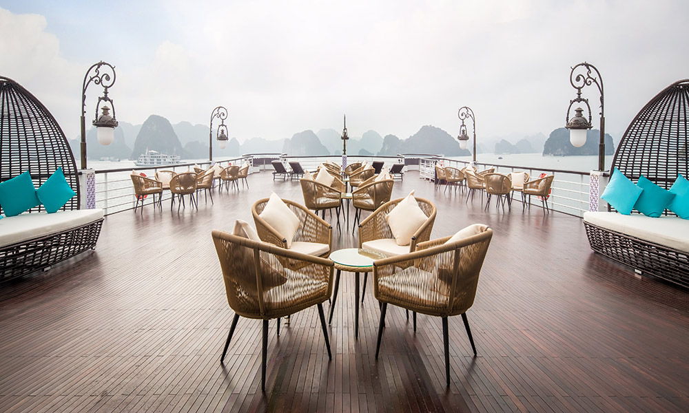 The deck on Ambassador 1 Cruise with open view of Halong Bay.