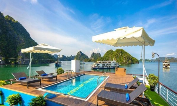 the pool on sundeck of aqua of the seas cruise with view of halong bay