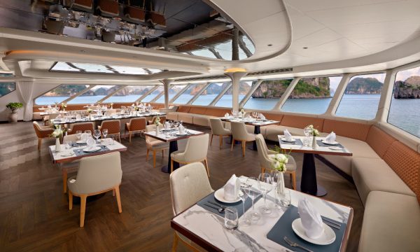 view of halong bay through the big windows in a restaurant