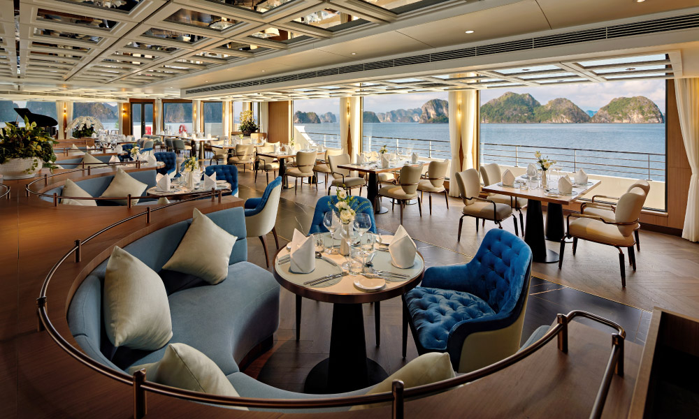 the luxury dining by the bay restaurant on halong grand pioneers 2 cruise