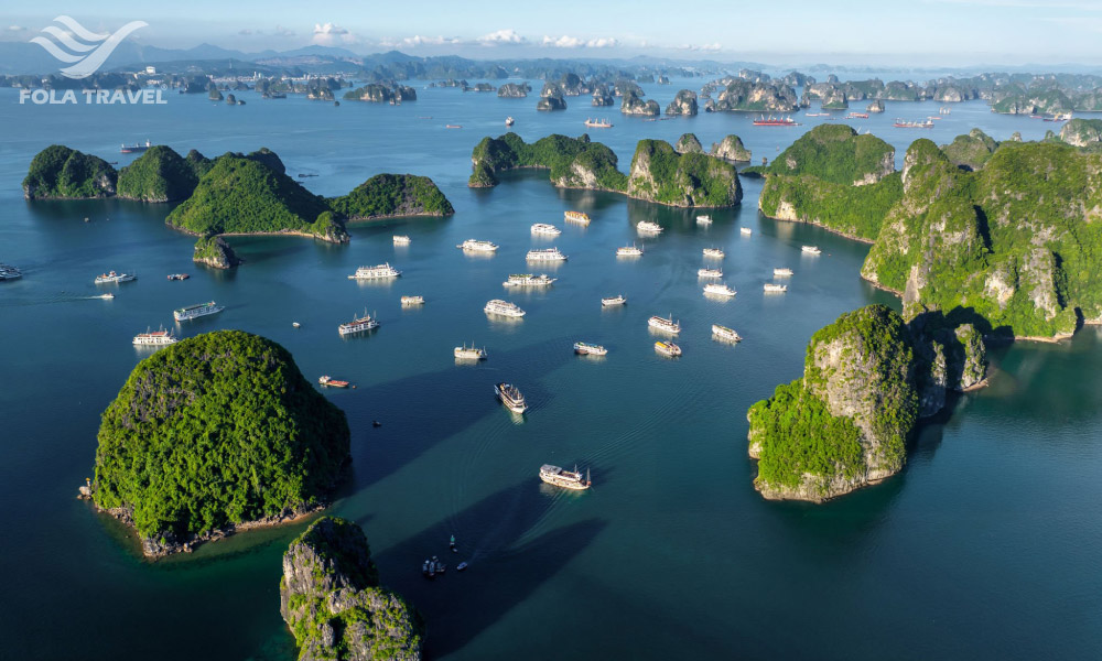 Scenery of Halong Bay in the morning with islands in the sun and many cruises.