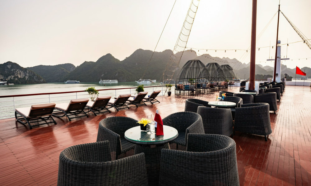 view of halong islands from the deck of aqua of the seas cruise