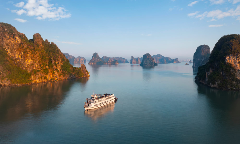 panoramic view of halong bay with islands on the side