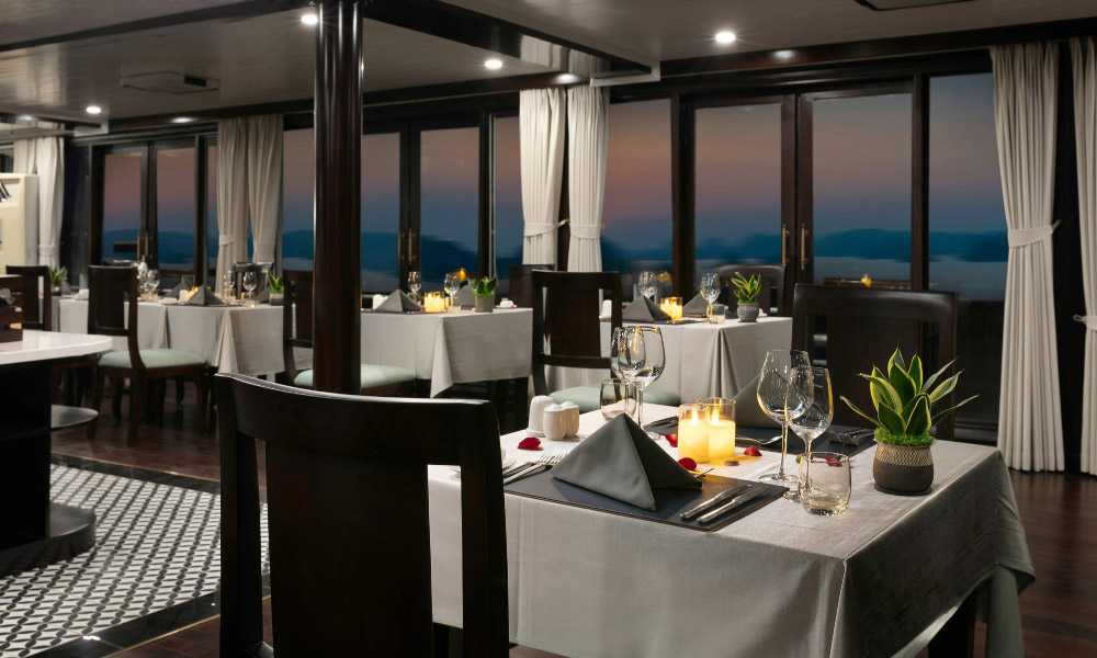 view of the tables in the restaurant at night