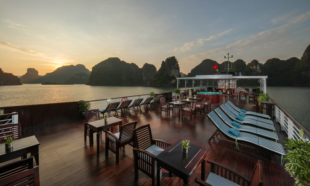 halong bay during sunset hour with view of the sundeck