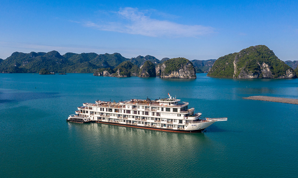 Halong Bay panorama with the Ambassador 1 Cruise in the middle.