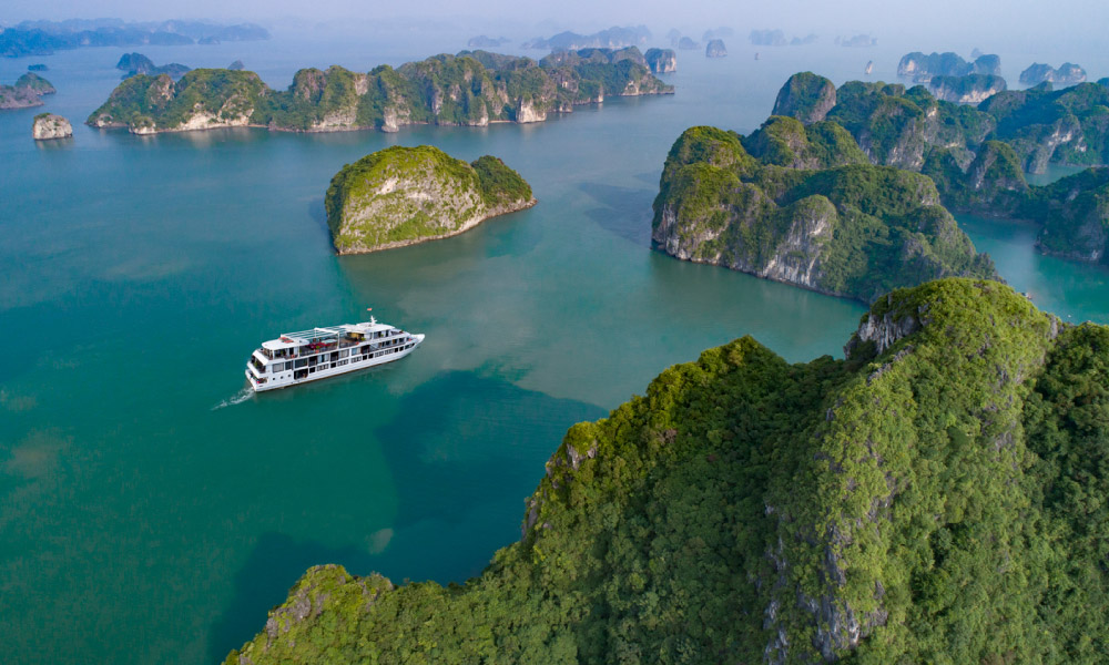 Halong panorama from the drone with Athena Royal Cruise.