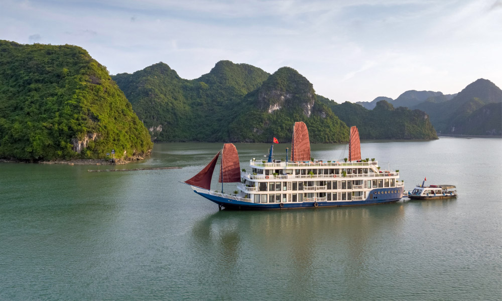 The Lotus Luxury cruise in the middle of Halong Bay.