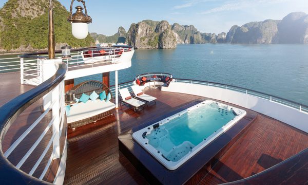 A sundeck with view of Halong Bay islands.