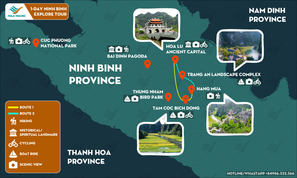 Tour map of Cozy Ninh Binh tour for 1 day.