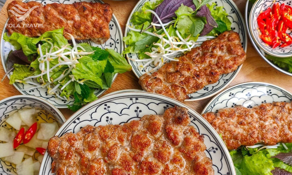 Plates of bun cha quat, a dish from Ninh Binh, Viet Nam.