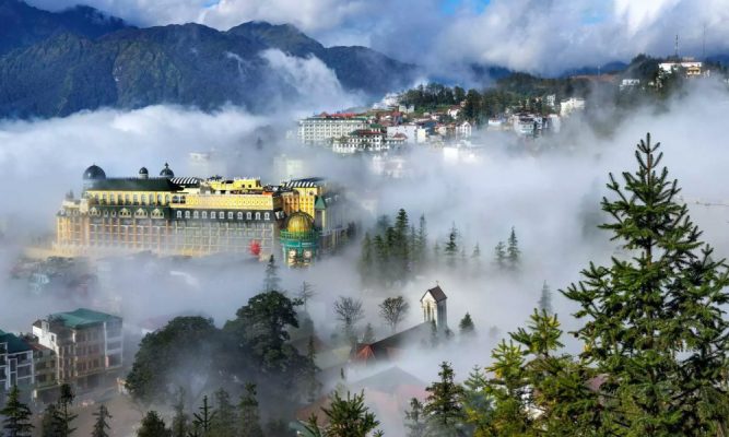 Hotels in Sapa covered in clouds.