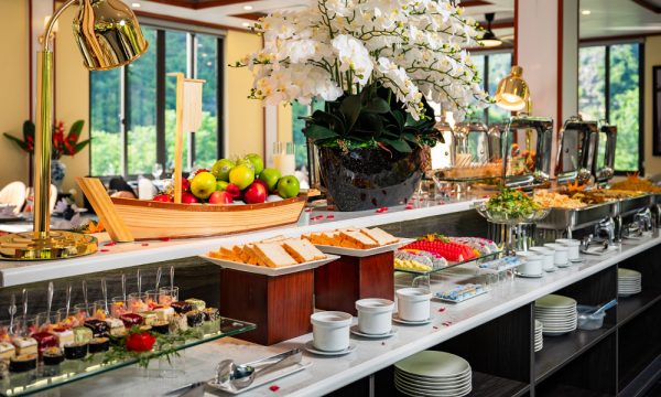 Buffet station inside cozy restaurant ninh binh.