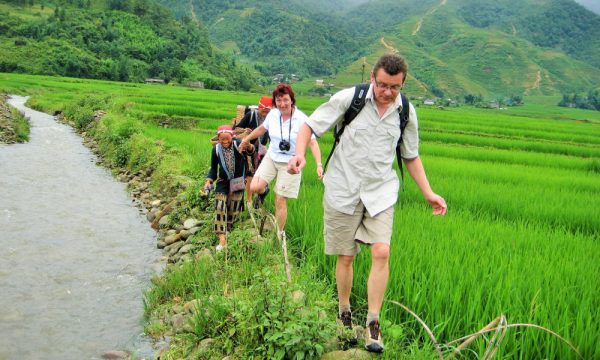 Tourists trekking with ethnic women in rice fields.