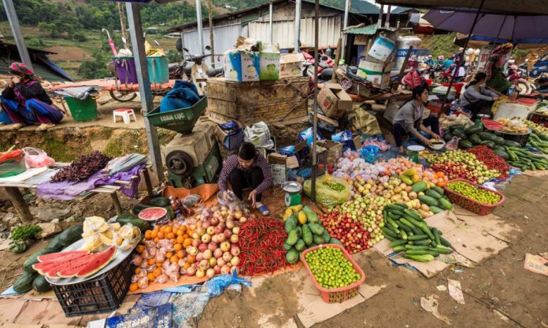 Overview of a corner in Sapa market selling fruits.