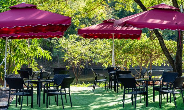 Outside dining space with purple umbrellas next to a pond.