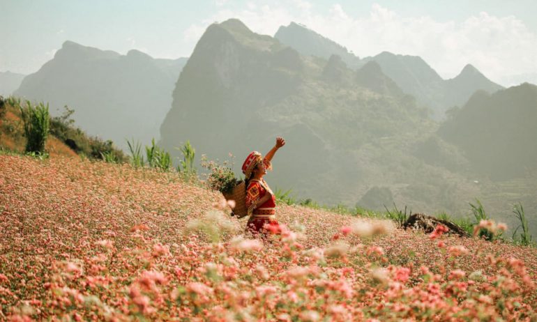 A girl in the middle of buckwheat flower field.