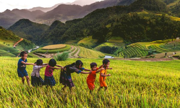 Children playing in rice field in Ha Giang.