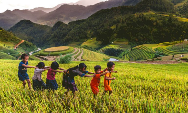 Children playing in rice field in Ha Giang.