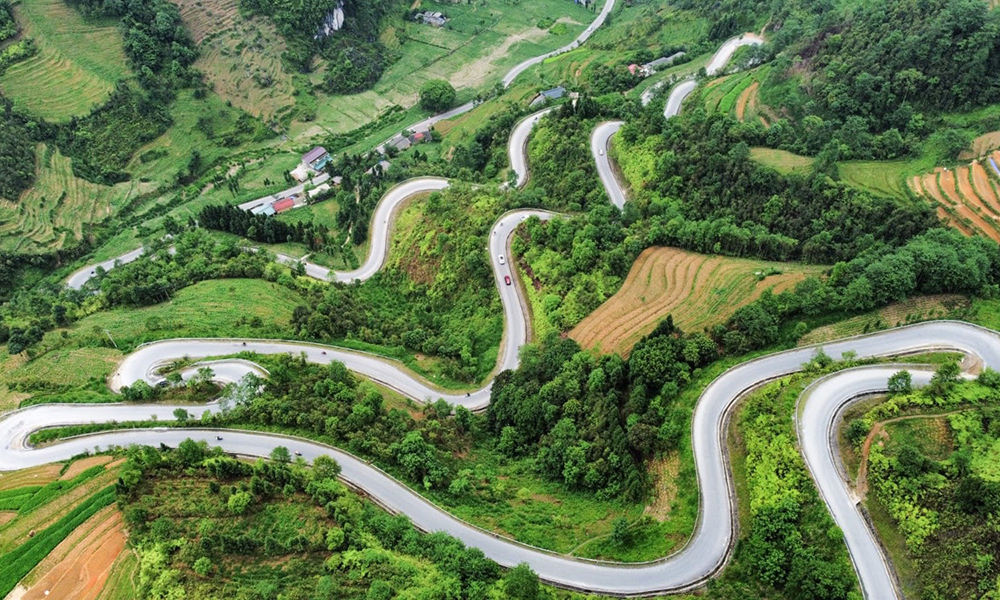 Winding roads of Ha Giang Loop from above.