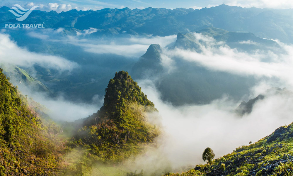 Panorama of Ha Giang moutains in clouds.