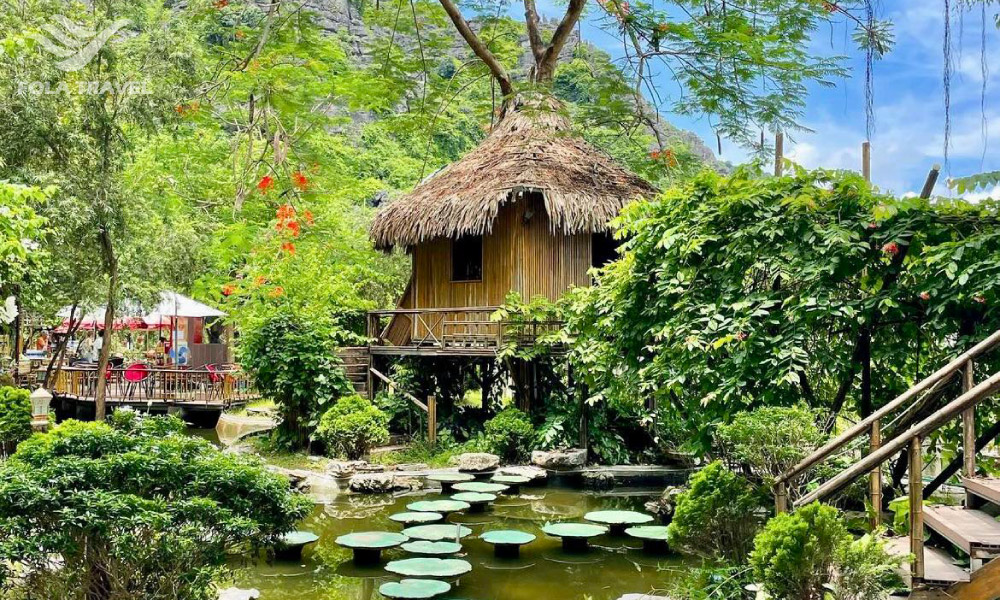 A small house in the middle of a forest, with a pond in front of it and trail of rocks.