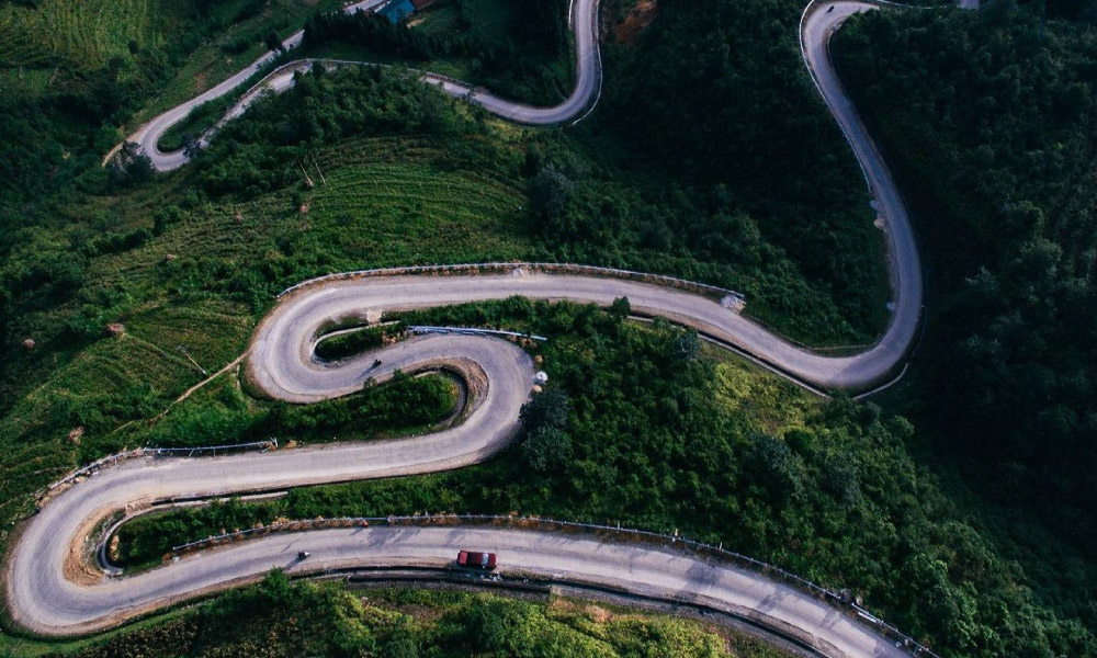 The Ha Giang loop looking from above with some turns.