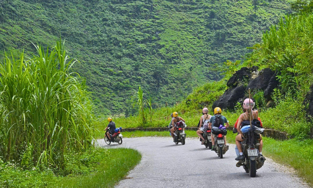 Motorbikes on the road in Ha Giang Loop.