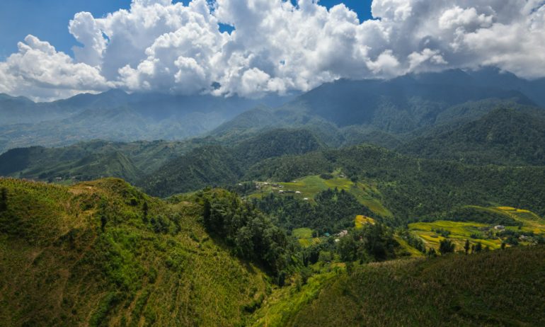 Panoramic view of green mountains in Sapa.