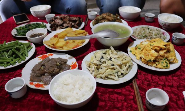 A table full of basic Vietnamese food.