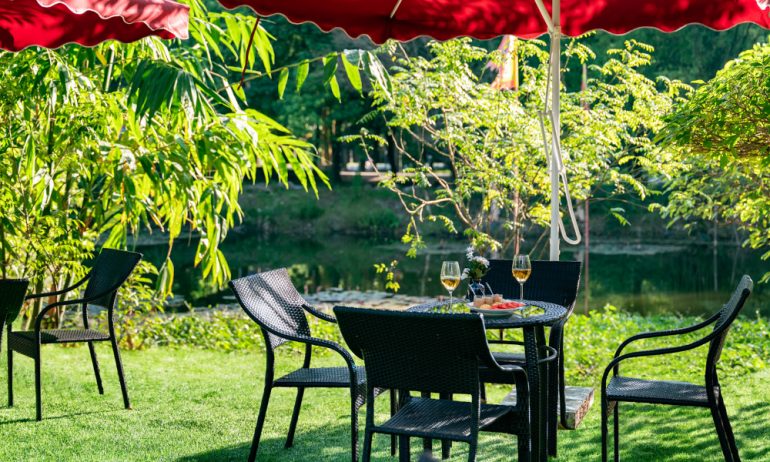 A table in the garden, next to a pond, with some food on it.