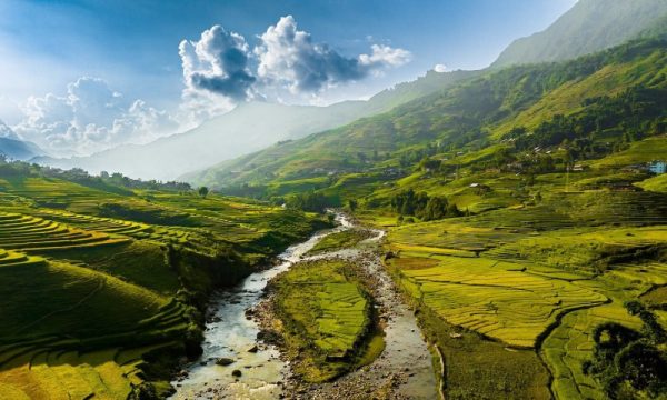 Panorama of Sapa valley and rice fields.