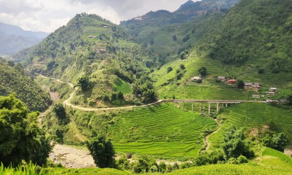 Trails and houses on rice terraces of Sapa.