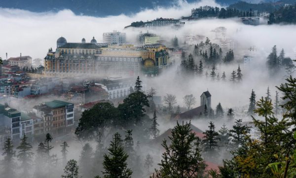 Close up of houses in Sapa in the clouds and fog.