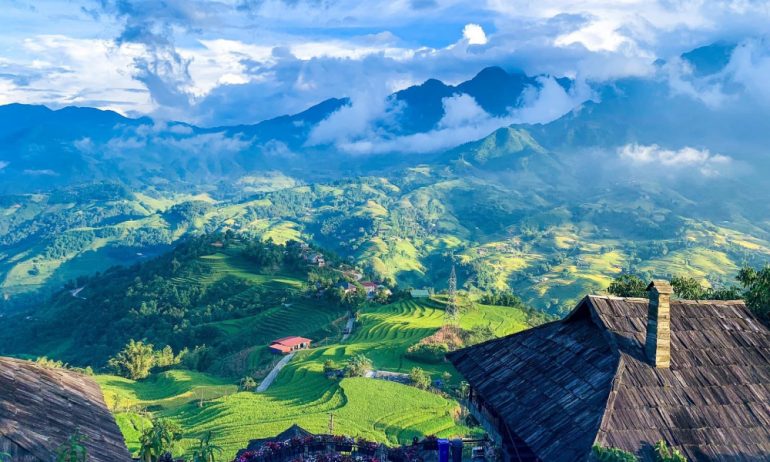 Panorama of Sapa hills and terraces.